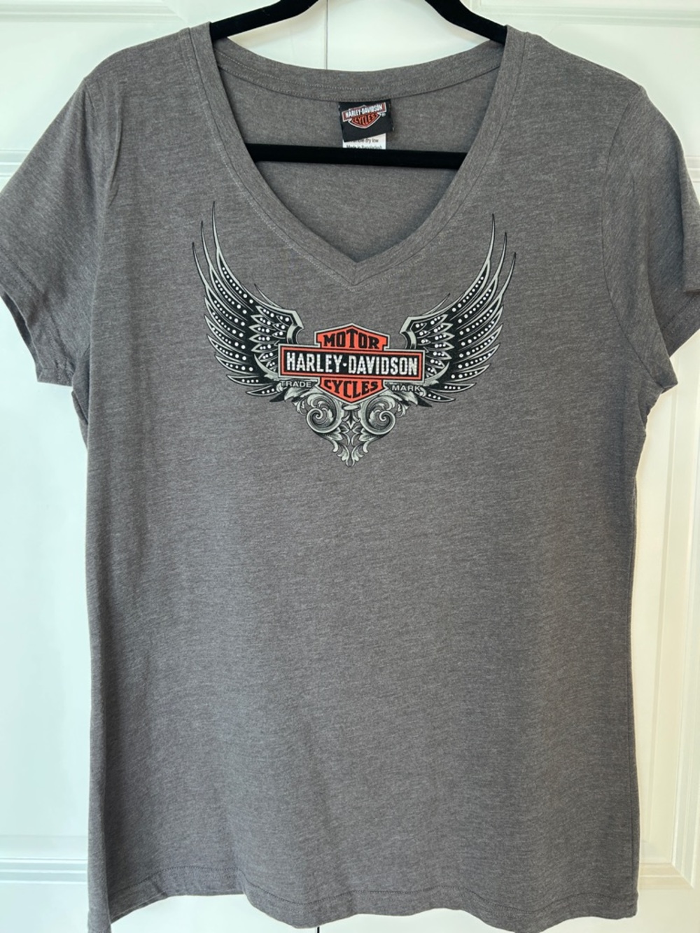 Harley-Davidson Women's Gray V-Neck Tee with Winged Emblem and Orange Accent